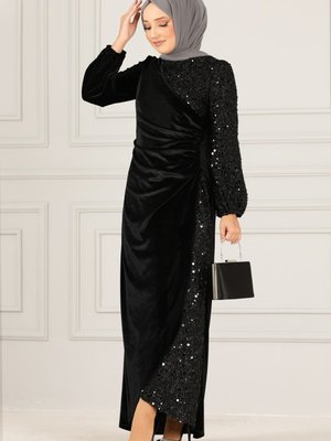 Pullu Kadife Abiye Elbise Siyah Pullu Kadife Abiye Elbise Siyah