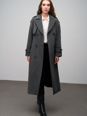 Apolet Ve Pelerin Detaylı Reglan Kol Kruvaze Kaban Koyu Gri