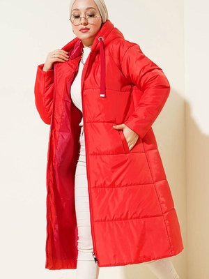 Kapüşonlu Uzun Şişme Mont Kırmızı Kapüşonlu Uzun Şişme Mont Kırmızı