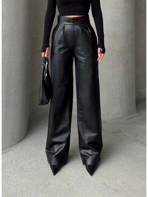Siyah Pileli Yüksek Bel Palazzo Deri Görünümlü Pantolon