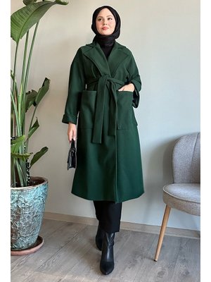 Kruvaze Geniş Kol Petrol Yeşili Kaşe Kaban