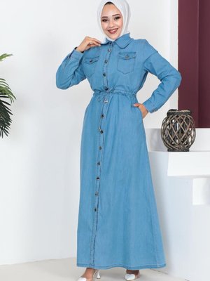 Açık Lacivert Yaka Detaylı Kot Elbise