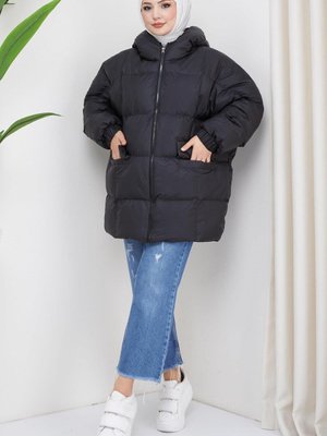 Kapüşonlu Oversize Şişme Mont Siyah Kapüşonlu Oversize Şişme Mont Siyah