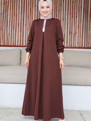 Pul Payetli Elbise Kahverengi