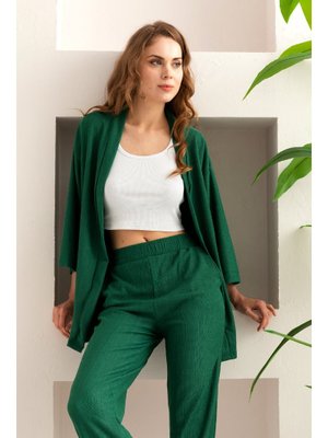 Geniş Paça Keten Dokulu Alt Üst Yazlık Takım Yesil Kimono Geniş Paça Keten Dokulu Alt Üst Yazlık Takım Yesil Kimono