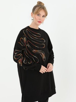 Siyah İki İplik Kumaş Örgü Desenli Sweatshirt Siyah İki İplik Kumaş Örgü Desenli Sweatshirt