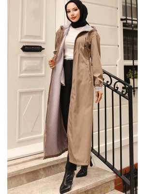 Bej Mevsimlik Kapüşonlu Trençkot