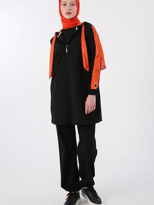 Siyah Parlak Garni Kumaşlı Fermuarlı Eşofman Takım