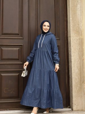 Koyu Lacivert Parça Detaylı Kot Elbise