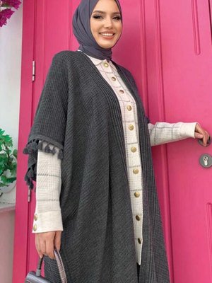 Kadın Gri (füme) Püskül Detaylı Triko Hırka T