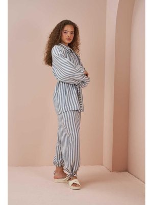 Mavi Bağcıklı Çizgili Müslin Şalvar Pantolon