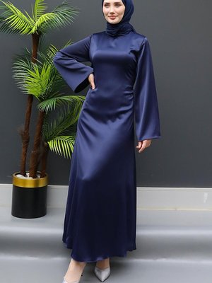 Arkadan İpli Saten Elbise Lacivert Arkadan İpli Saten Elbise Lacivert