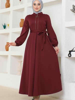 Önden Fermuarlı Taş Detaylı Ferace Bordo