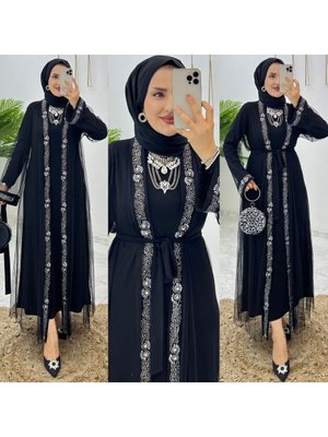 Taş / İncili Dubai Tül Abayalı Özel Günlerin Kurtarıcısı İkili Abiye Elbise Abaya Takım