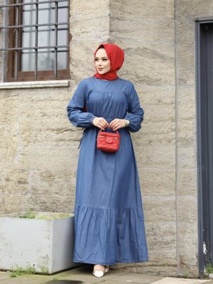 Koyu Lacivert Bel Detaylı Kot Elbise