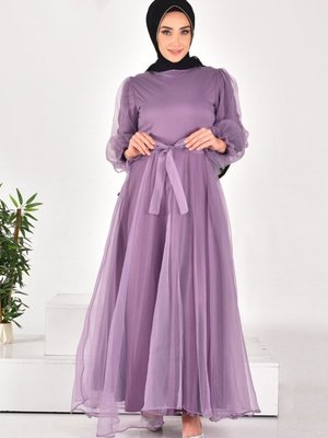 Mor Dalya Kumaş Kemerli Abiye Elbise Mor Dalya Kumaş Kemerli Abiye Elbise