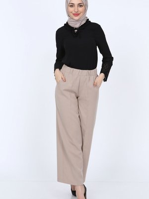 Vizon Kadin Beli Lastikli Bol Paça Viskon Pantolon Wide Leg Yüksek Kaliteli Mevsimlik Kislik