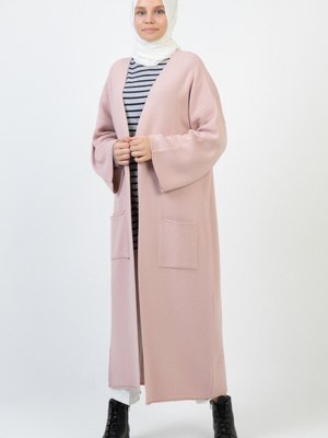 Pudra Kışlık Kimono Kol Cepli V Yaka Hırka Pudra Kışlık Kimono Kol Cepli V Yaka Hırka