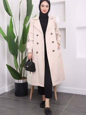 Bej Kruvaze Yaka Düğmeli Trençkot Bej Kruvaze Yaka Düğmeli Trençkot