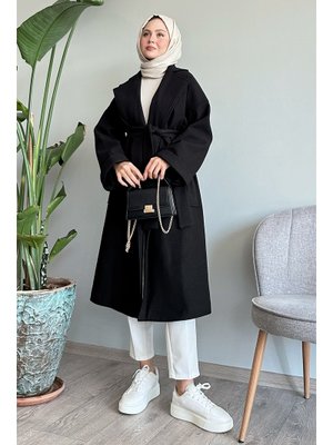 Kruvaze Geniş Kol Siyah Kaşe Kaban