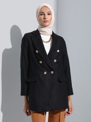 Düğme Detaylı Tuvid Ceket Siyah