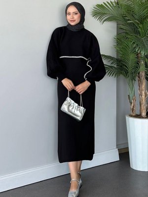 Crop Görünümlü Triko Elbise Siyah