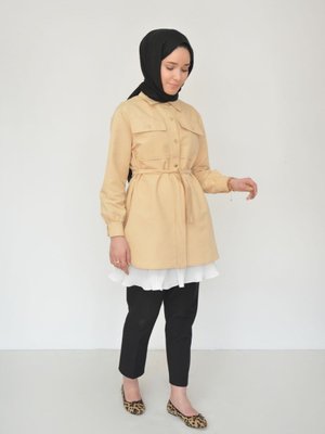 Metal Düğmeli Oversize Safari Uçuk Sarı Ceket