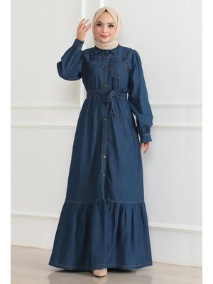 Koyu Mavi Fırfır Detaylı Kot Elbise
