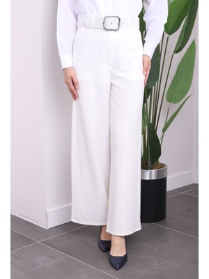 Ekru Kalın Kemerli Yüksek Bel Pantolon