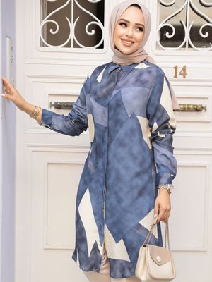 Desenli Lacivert Viskon Tunik