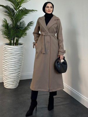 Mahika Astarlı Kemerli Kaşe Kaban Koyu Vizon