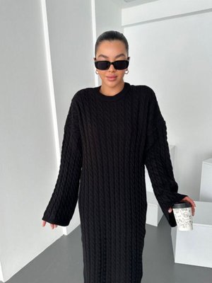 Siyah Saç Örgülü Uzun Kollu Ve Bisiklet Yaka Triko Elbise Siyah Saç Örgülü Uzun Kollu Ve Bisiklet Yaka Triko Elbise