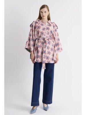 Pudra Minella Desenli Yaka Taş Detaylı Pelerin