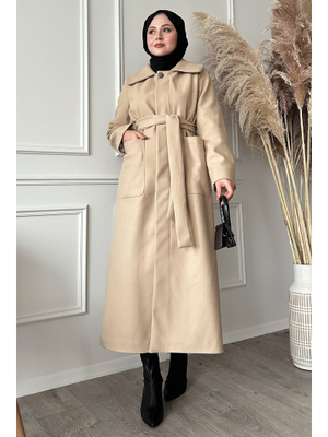 Kuşaklı Gizli Patlı Bej Kaban