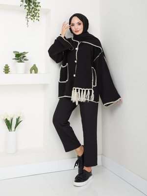 Kadın Kışlık İkili Takım Tesettür Atkılı Triko Hırka Kombin