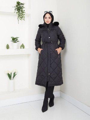 Büyük Beden İçi Astarlı Belden Bağcıklı Kapüşonlu Yandan Cep Fermuarlı Kapitone Mont