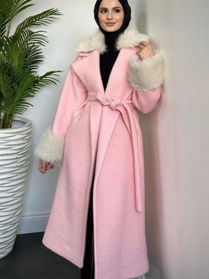 Haven Yakası Ve Kolları Kürklü Astarlı Kaşe Kaban Pembe Haven Yakası Ve Kolları Kürklü Astarlı Kaşe Kaban Pembe