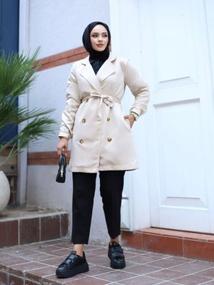 Kısa Trençkot Krem Rengi Yeni Sezon