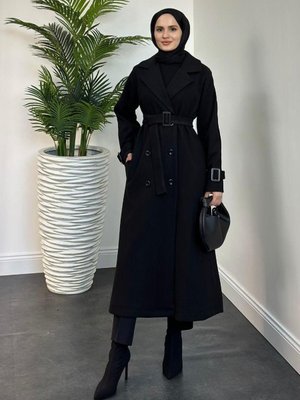 Mahika Astarlı Kemerli Kaşe Kaban Siyah Mahika Astarlı Kemerli Kaşe Kaban Siyah