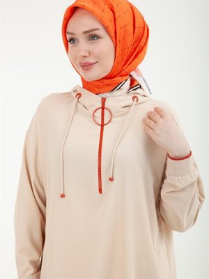 Kapüşonlu Yarım Fermuarlı Bej Tunik