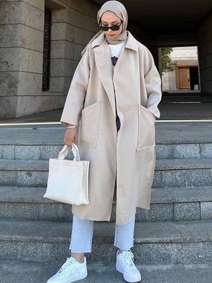 Kadın Kışlık Torba Cepli Kaşe Kaban