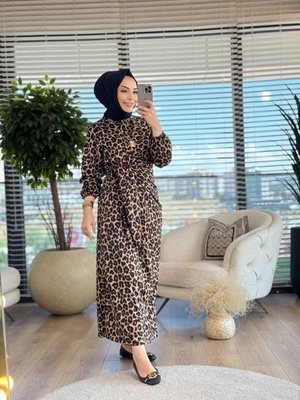 Leopar Desen Yandan Bağlamalı Elbis