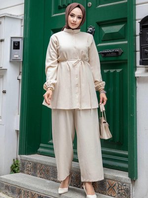 Bej Hakim Yaka Detaylı Takım