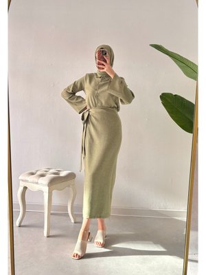 Giyim Yandan Bağlama Detaylı Etek Gömlek Takım Melaj Kumaş Haki