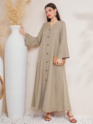 Vizon Tek Sıra Düğmeli Keten Elbise Vizon Tek Sıra Düğmeli Keten Elbise