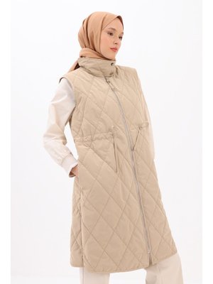 Bej Kapitoneli Fermuarlı Beli Büzgülü Yelek