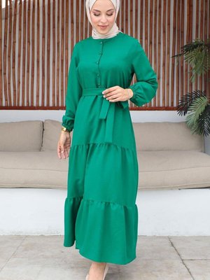 Yeşil Düğme Detaylı Koyu Elbise