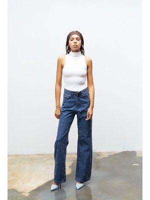 Mavi Önü Taş Detaylı Cotton Wide Leg Denim