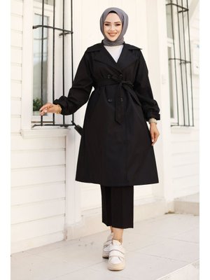 Siyah Omuzu Apolet Detaylı Beli Kuşaklı Trençkot