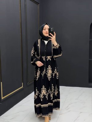 Viskon Kumaş Bol Kalıp Tesettür Elbise Hürrem Desenli